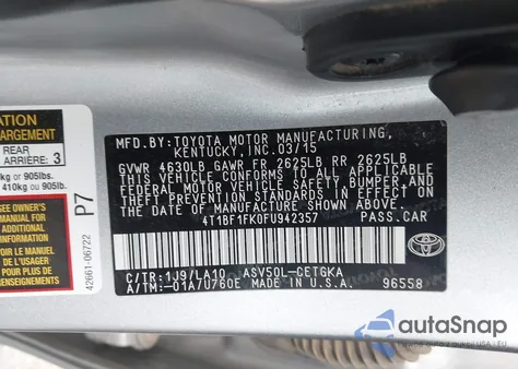 2015 Toyota Camry Xle из США, поврежденный, VIN 4T1BF1FK0FU942357